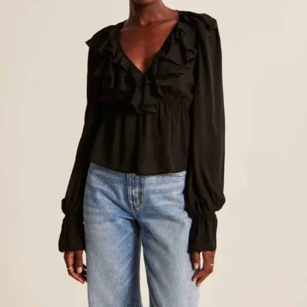 ABERCROMBIE & FITCH Ruffle Sheer Romantic Peasant Blouse Black {P5}